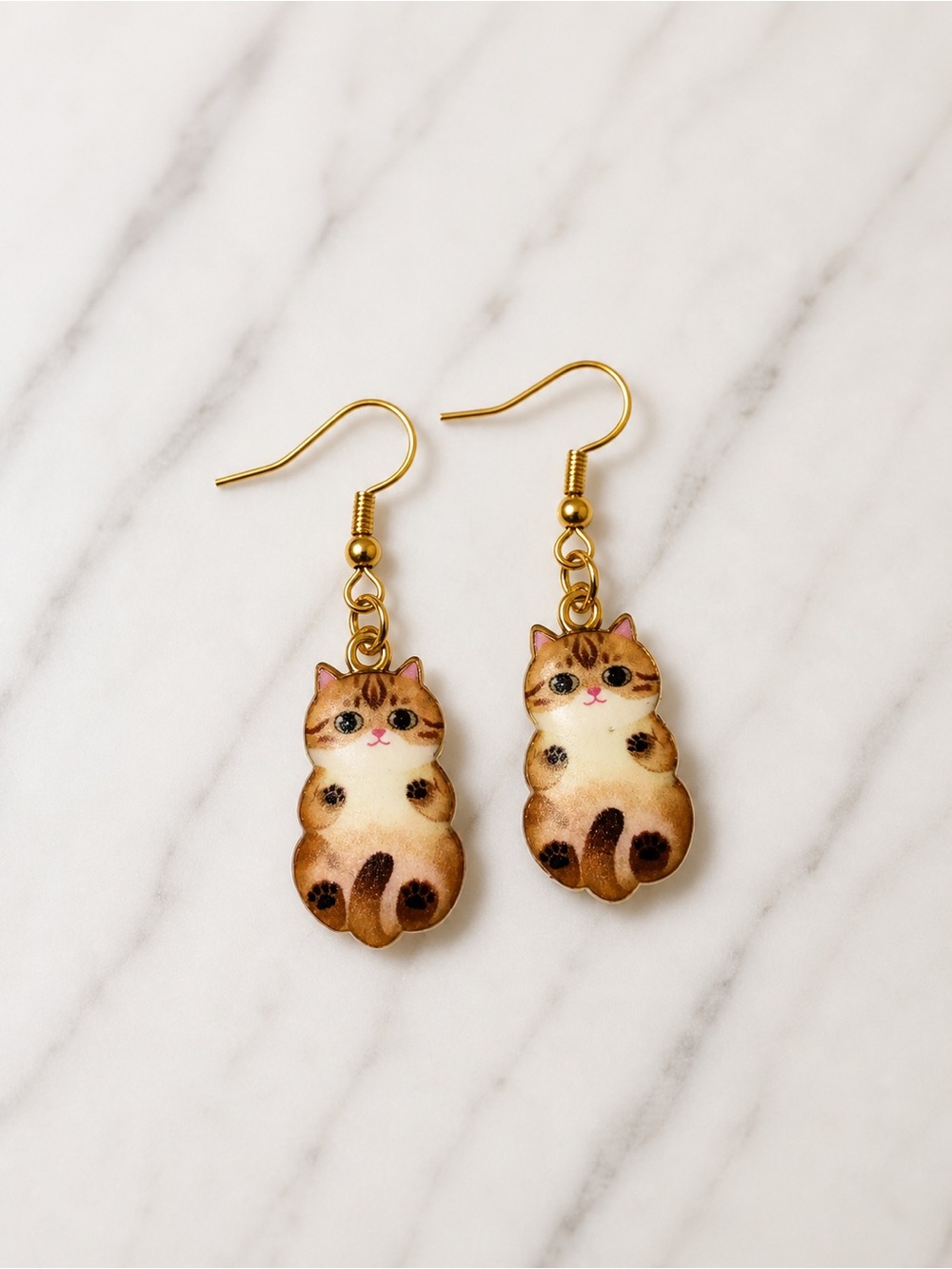 Hand Crafted Brown Tabby Cat Dangle Earrings